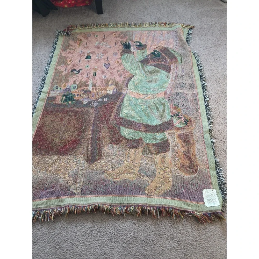 Vintage Martha Stewart Christmas Tapestry Throw Blanket Santa Claus 140